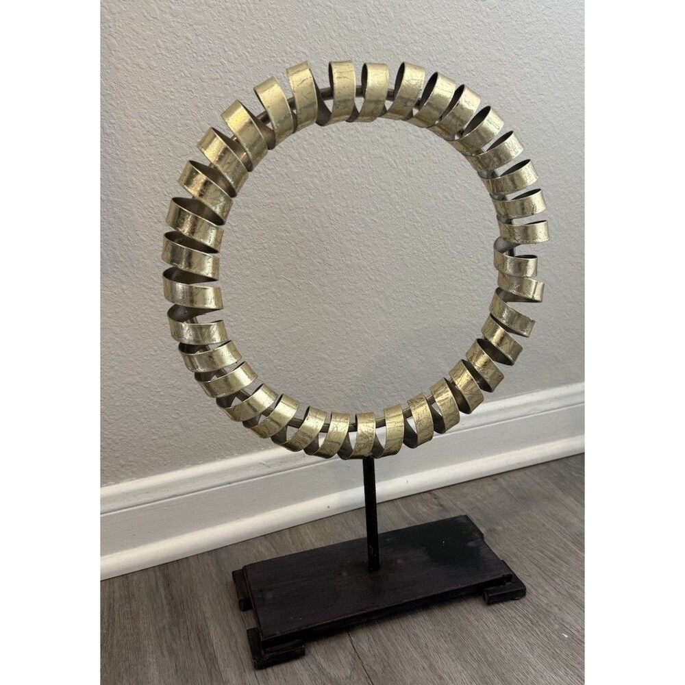 Arena Gold Finish Metal Sculpture, Iron Mount, Wooden Base. Zen-inspired Accent